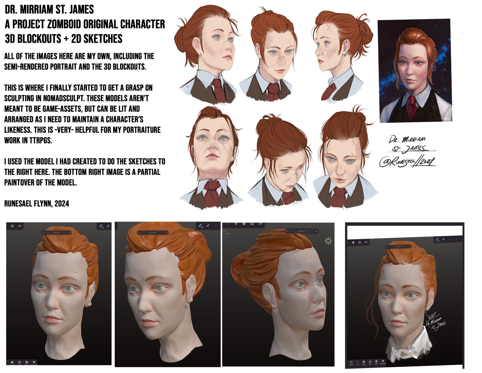 3D blockout and sketches for an original character for a Project Zomboid roleplaying server.