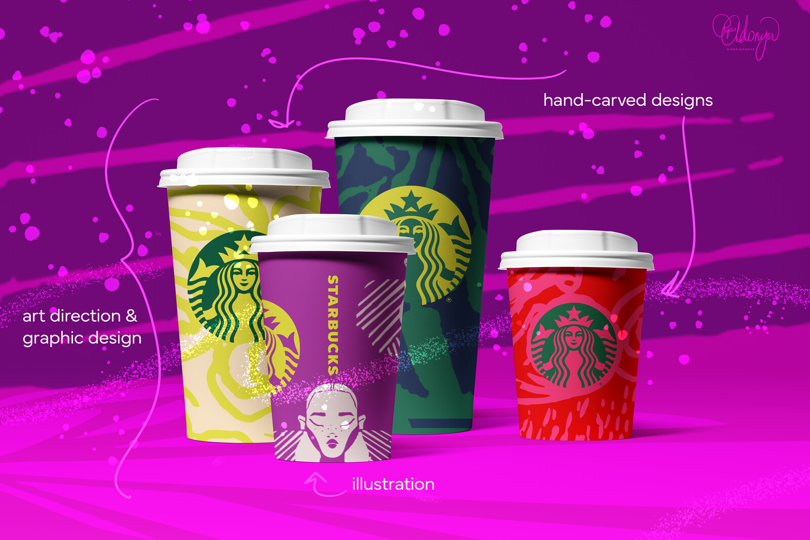 BTS process of Starbucks holiday cup mock-ups featuring my hand-carved designs, illustrations, and graphic design.