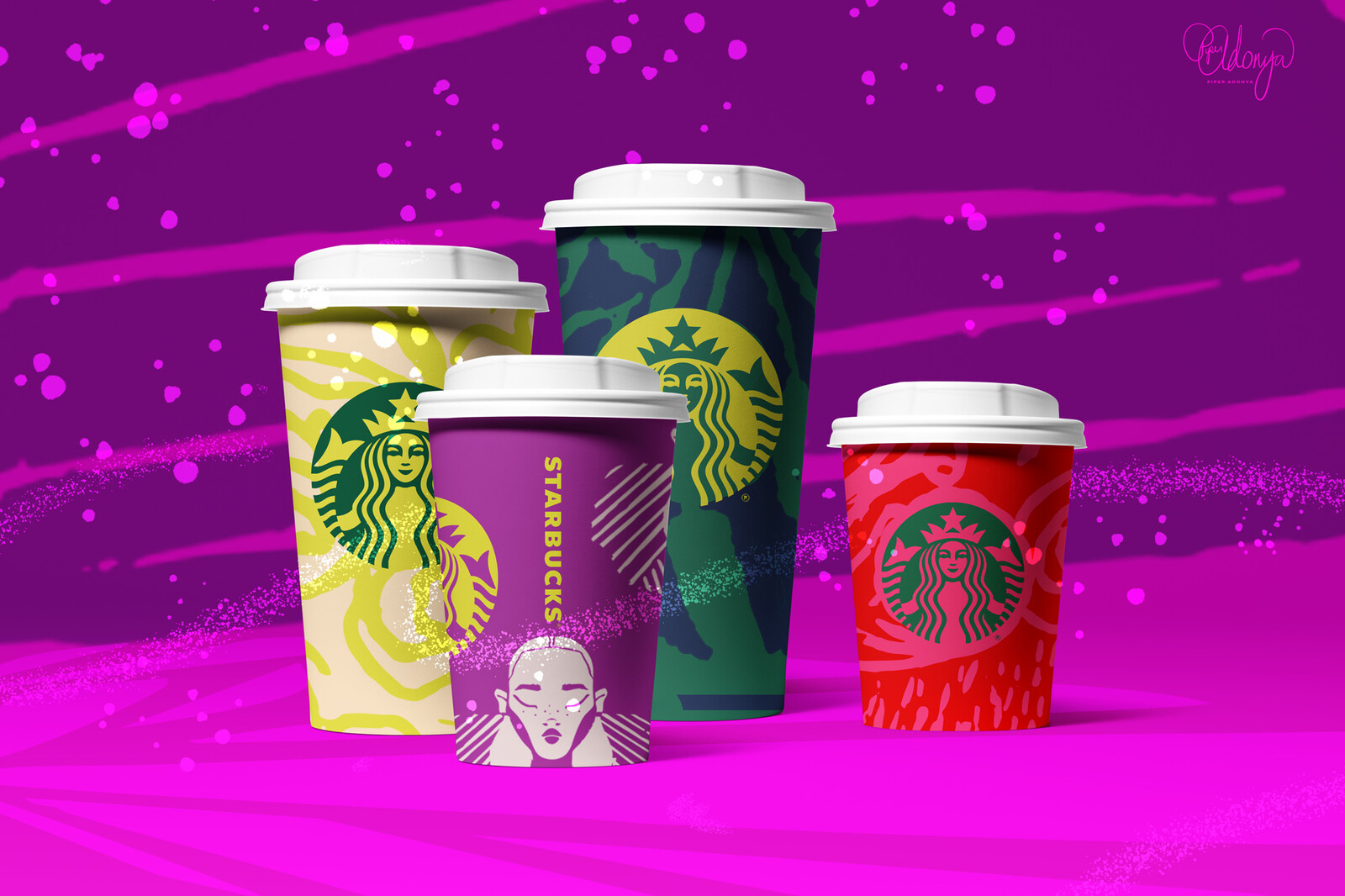 Starbucks holiday cup mock-ups featuring my hand-carved designs, illustrations, and graphic design.