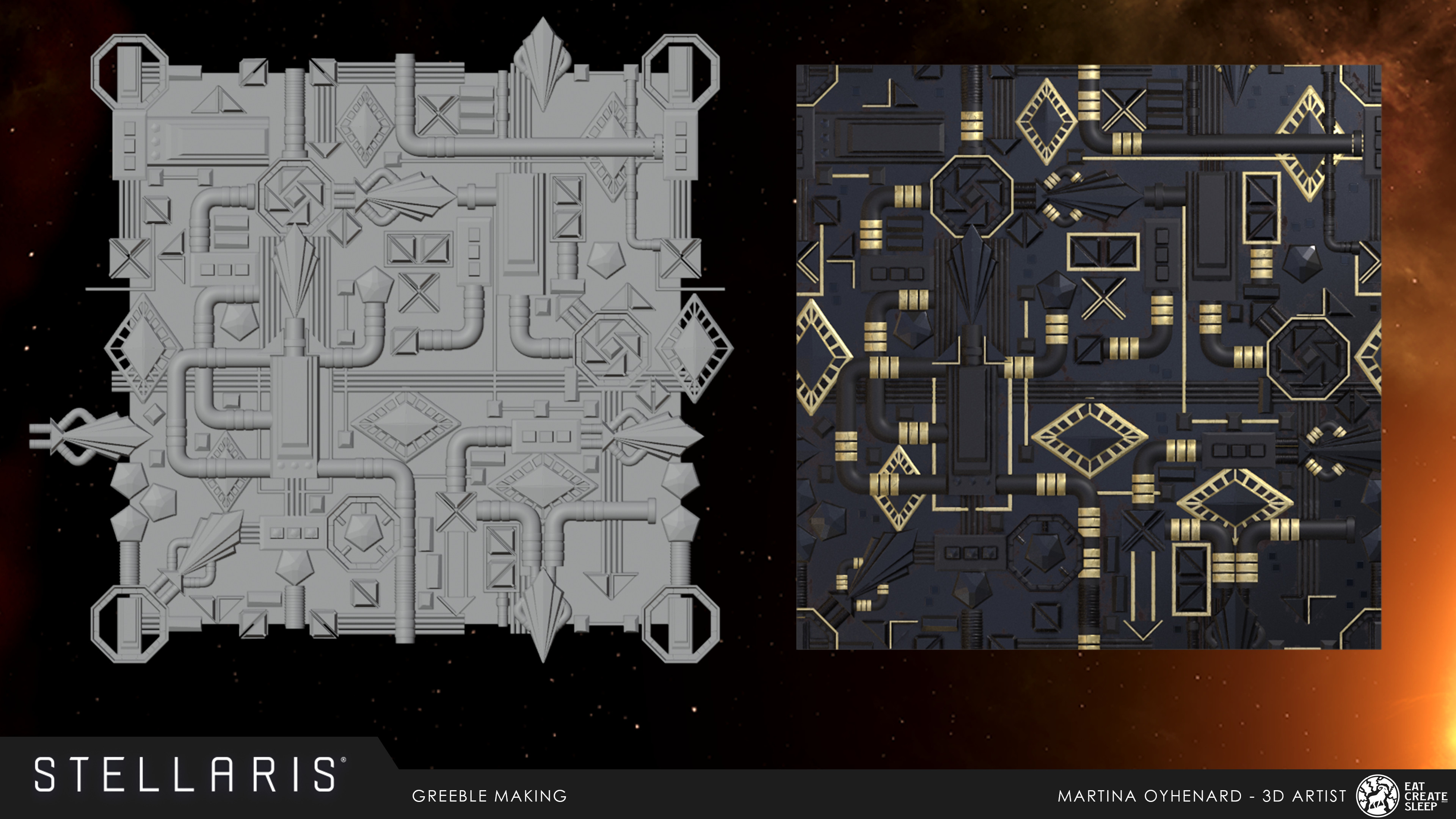 Greeble model baked on a plane and textured in Substance Painter