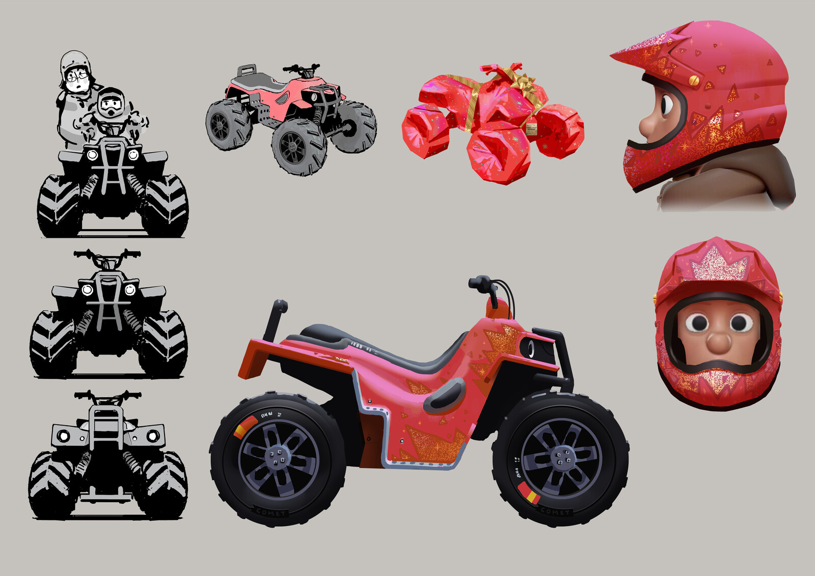 Prop designs for Danny's quad bike and Helmet