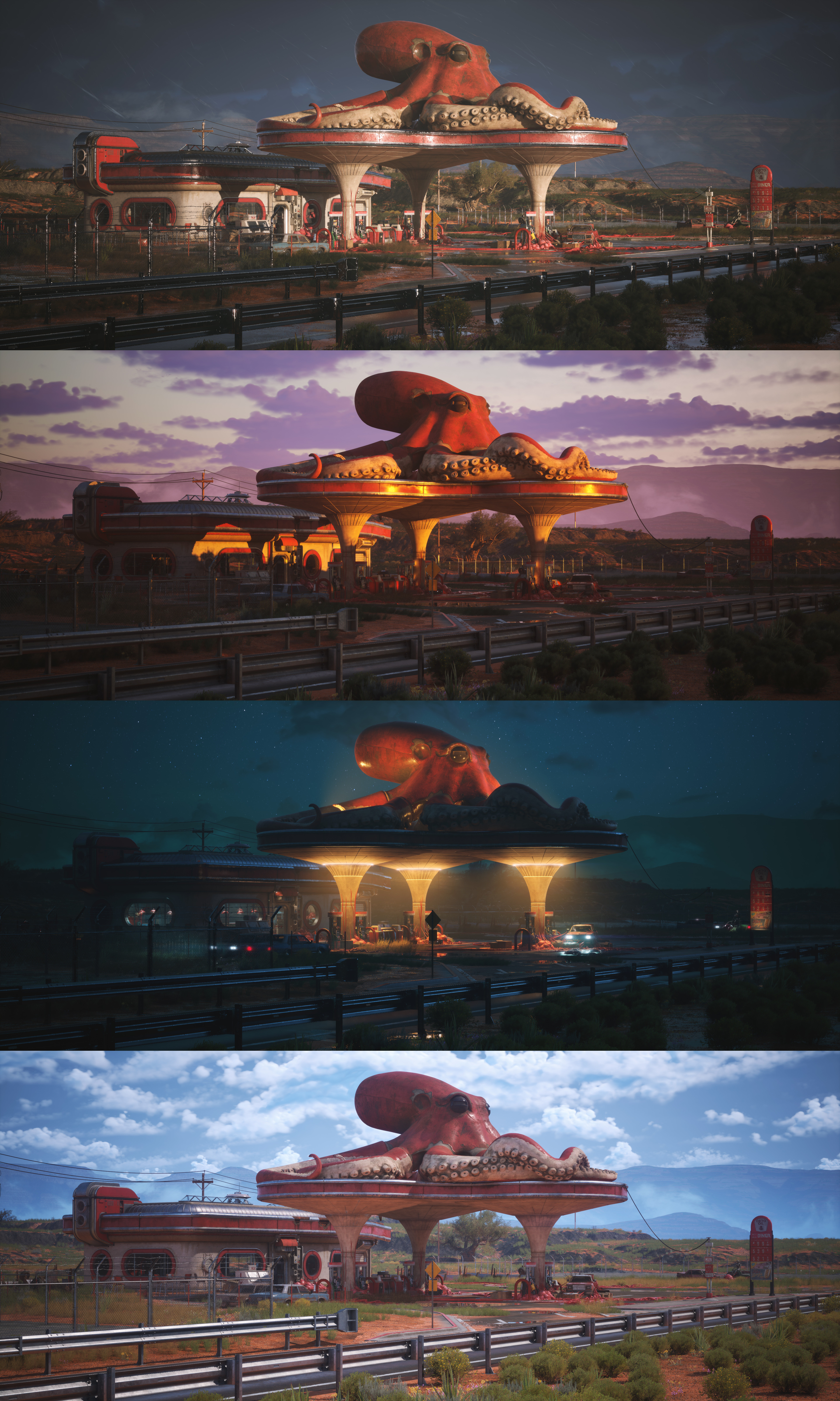 Different times of day - Night, Morning, Stormy and Day 