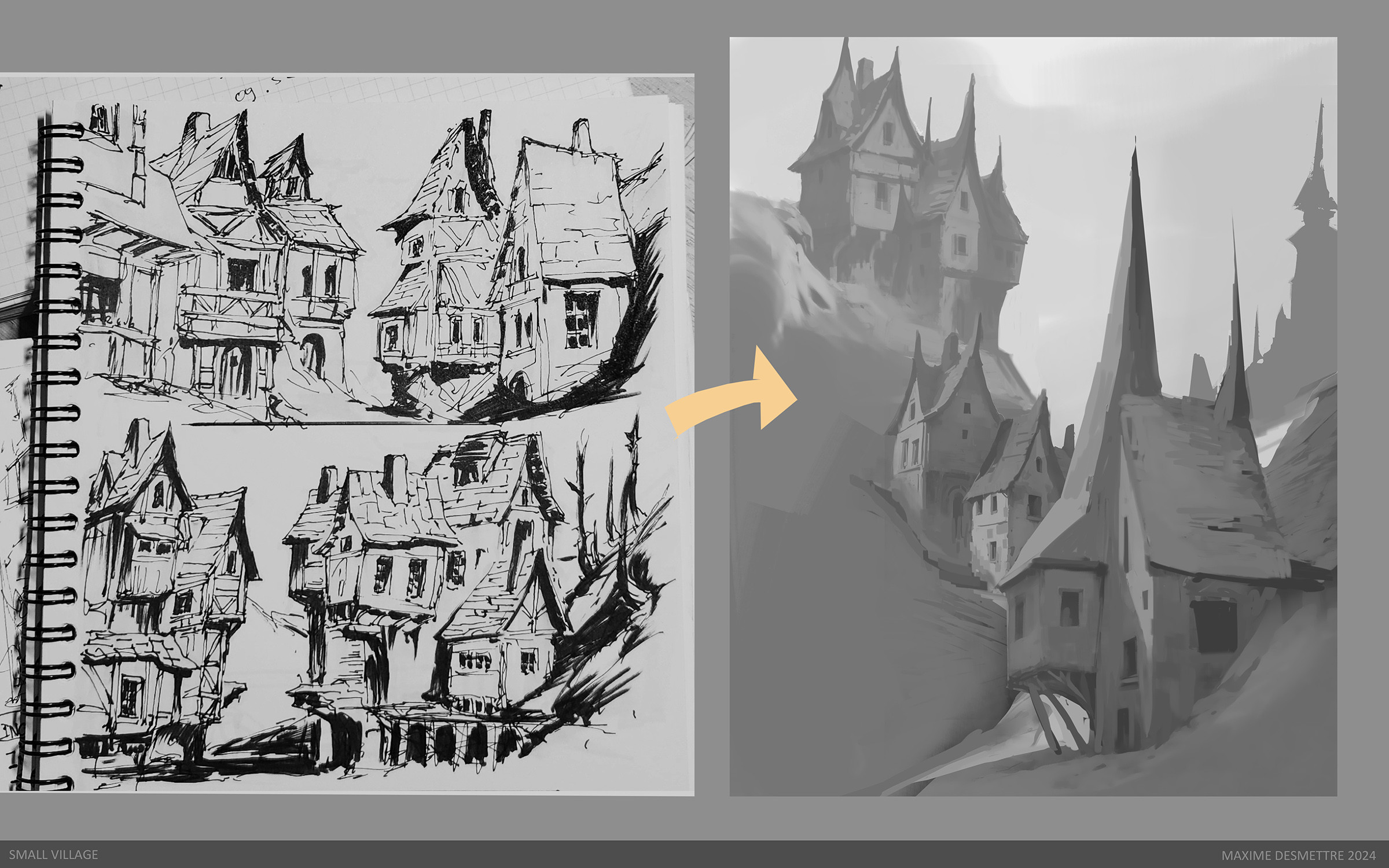 Initial pen sketch (left), too usual, reshuffled to recompose (right) and value painting