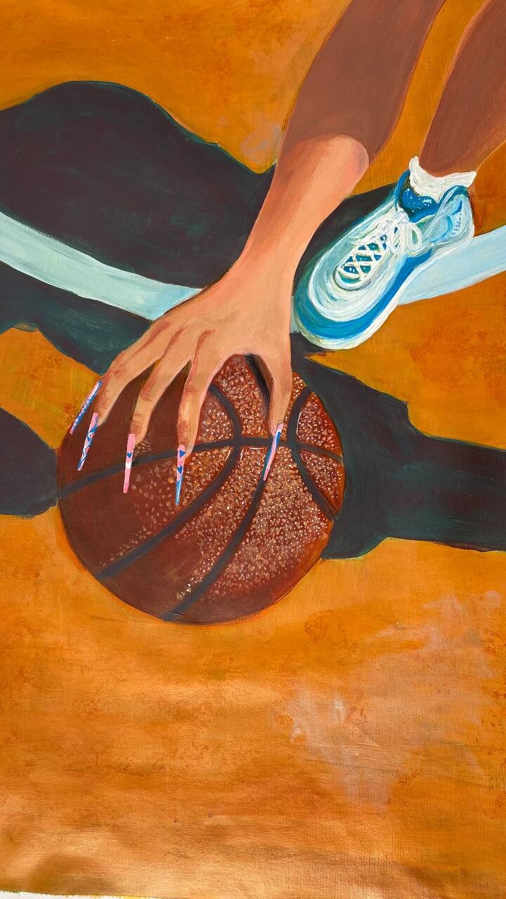 Title: Baller.
Media: Acrylic paint, sequins, canvas. 
Size: 28 x 20 inches / 51 x 61 cm.
Year: 2024.