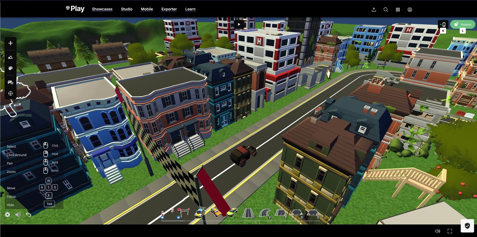 Screenshot of a racing game using some of my building, vehicle, and environmental assets.