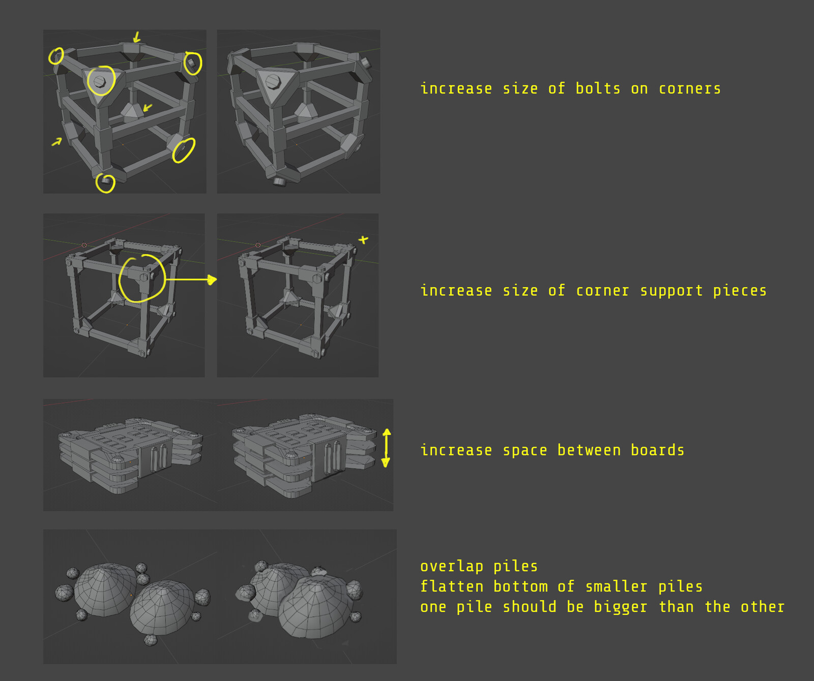 After approval the modelers would create the low poly meshes and send them over. I would adjust the meshes in Blender for feedback. All of these assets had strict tri count limits because they would be reused thousands of times during gameplay.