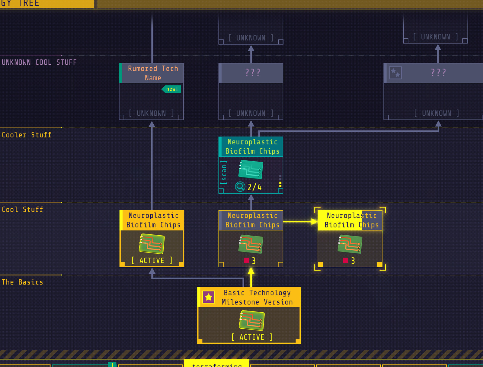 Techs have to be scanned before the player can access them in the Tech Tree so we had to make sure that the ones the player should be looking for were visually distinct. We also display the amount of machine fragments they still need to scan with pips.