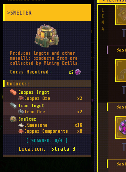 Each Tech has a detail panel that explains what it unlocks as well as a few other pieces of info. These had to be built to accomodate huge lists of unlocks without any scrolling.