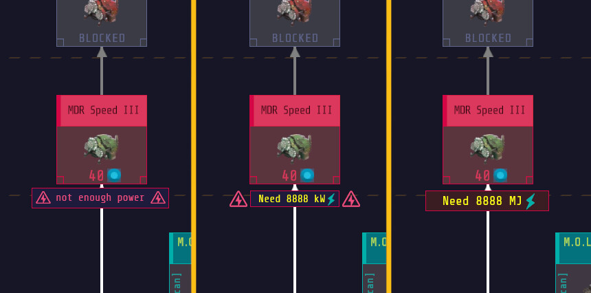 Some explorations for the card state if the player did  not have enough power to activate the tech. Exact amounts were valuable to display.