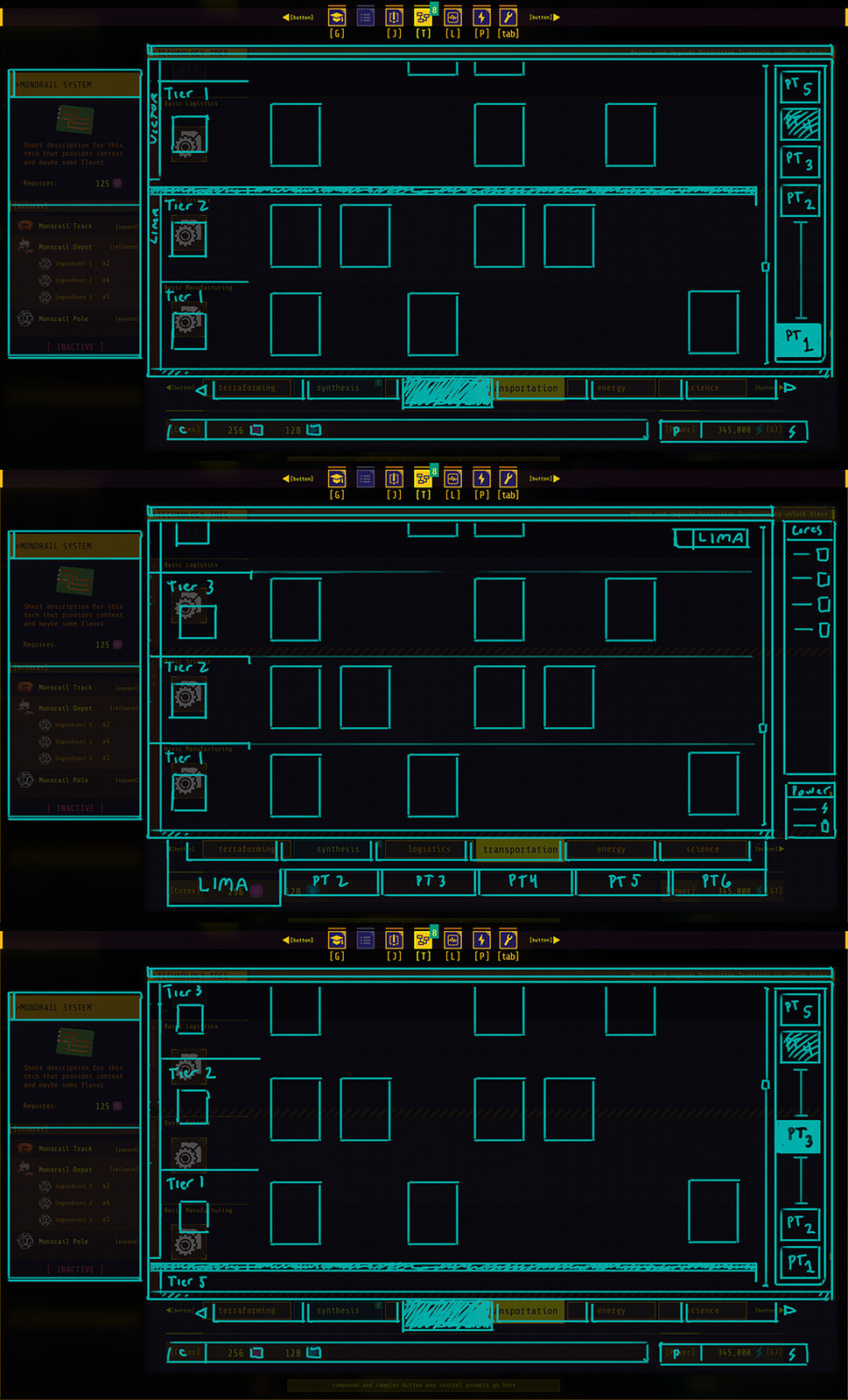 We ended up adding some shortcuts to the right side of the menu to aid with navigating the increasingly deep trees as the amount of content increased. Here are some quick sketches from early in that process.