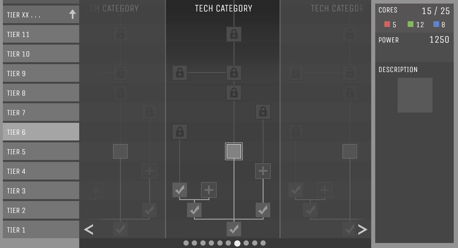 This was one of the first greyboxes I did when we had a decent idea of what we wanted to do with the screen. We knew we wanted multiple separate trees, so I came up with this hybrid vertical and horizontal carousel layout.