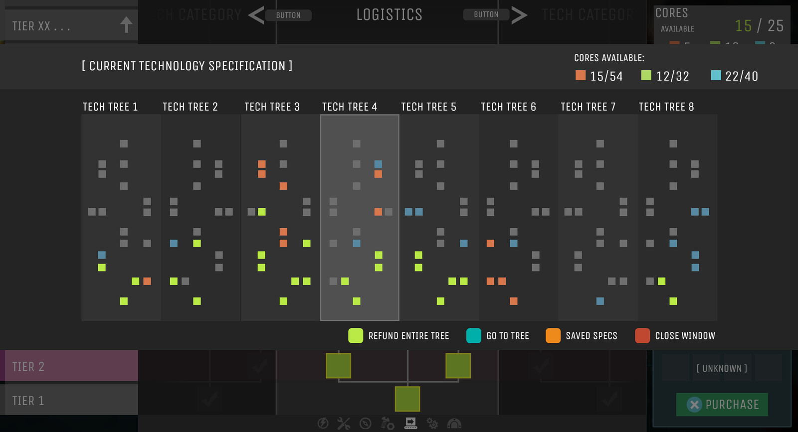 Because the player could activate and deactivate techs to optimize their factory-building goals, we wanted to give the player a good sense of their entire build. Thus I greyboxed a minimap displaying a summary of all of the activated techs. 