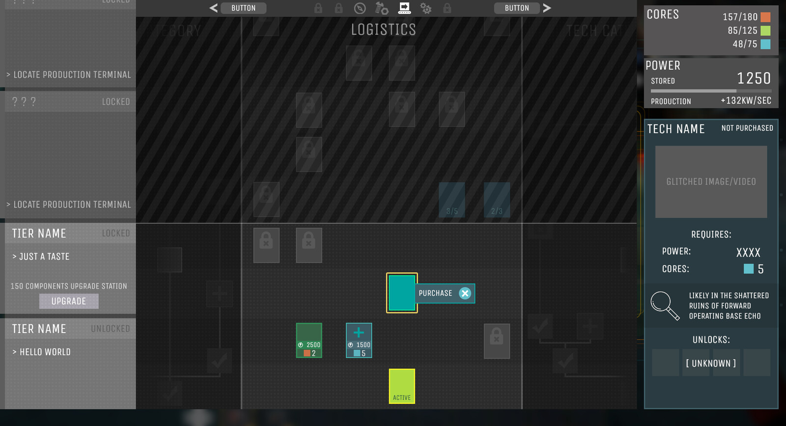 We also wanted a way to hide future techs while still providing some amount of lookahead to the player. I mocked up this shade which would dynamically hide or show details as the player progressed through the tech tiers.