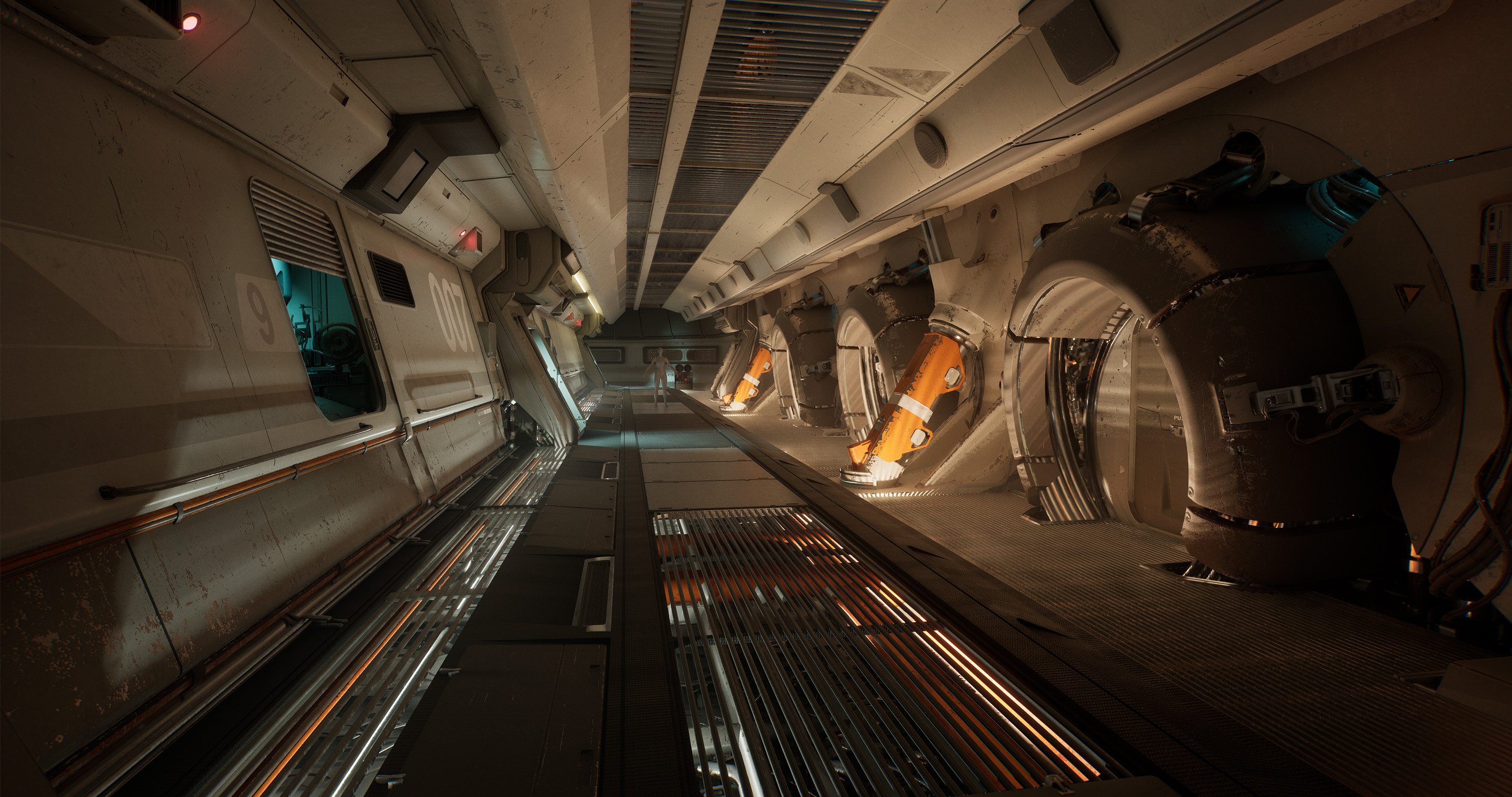 The following images are some very early lighting scenario tests to try out different moods in the main corridor.