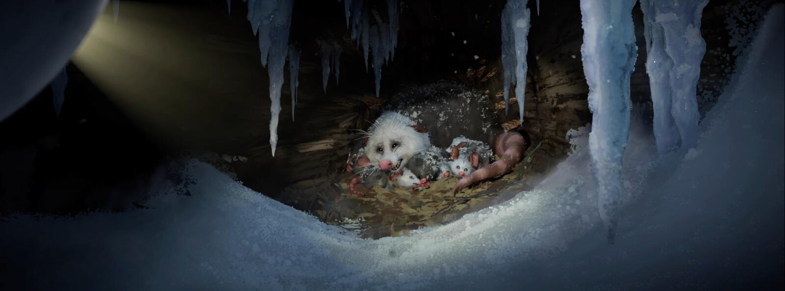 Pinktail's Cave. Responsible for environment/log texturing, look development and microdressing/scattering. I also helped develop the ice texture and shader for the show, in collaboration with Jeff Nichols and Elizabeth Kelly.