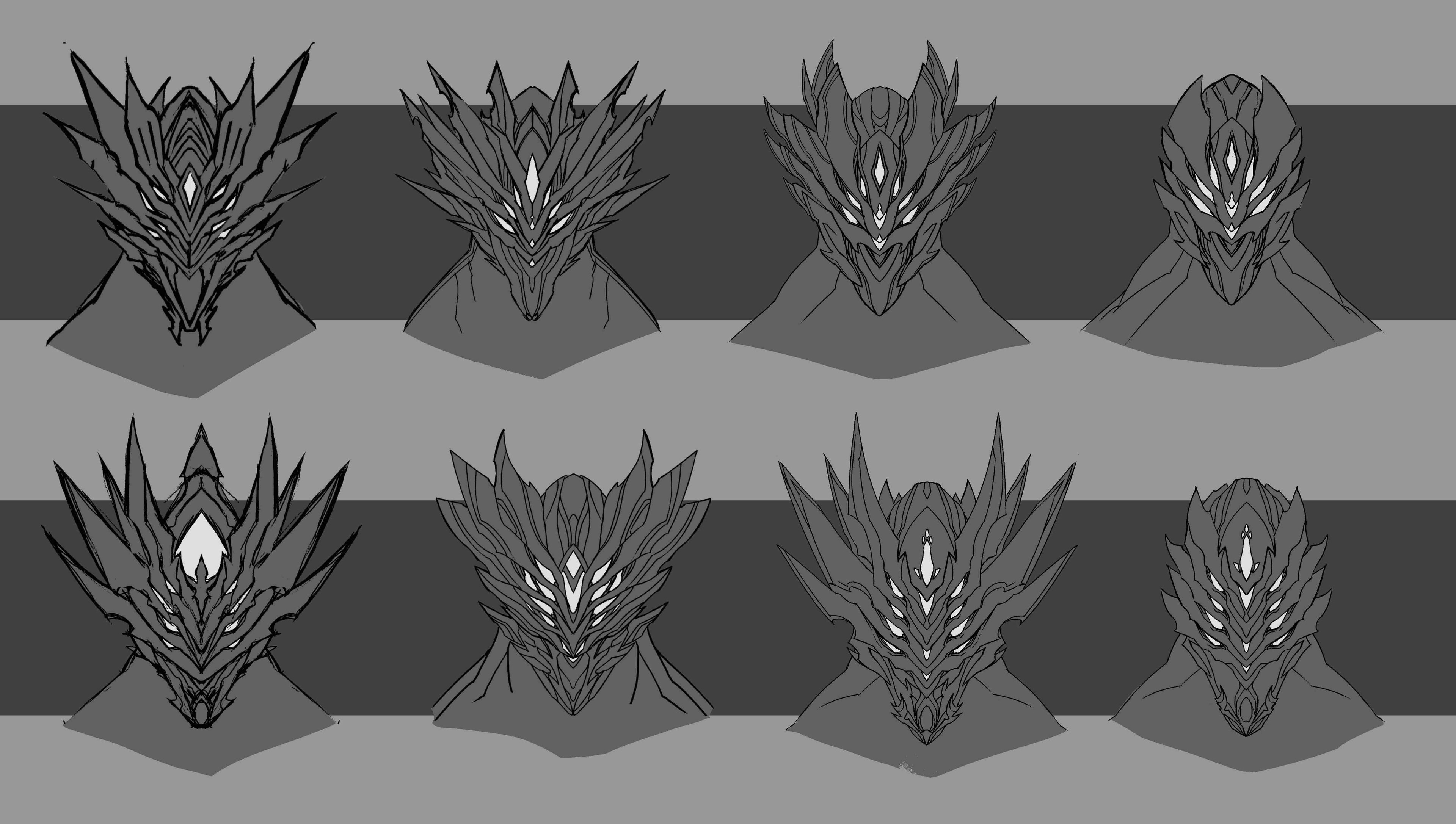 Helmet designs

The idea was to show expansion and contraction on the mask for offensive and stand by positi9n.