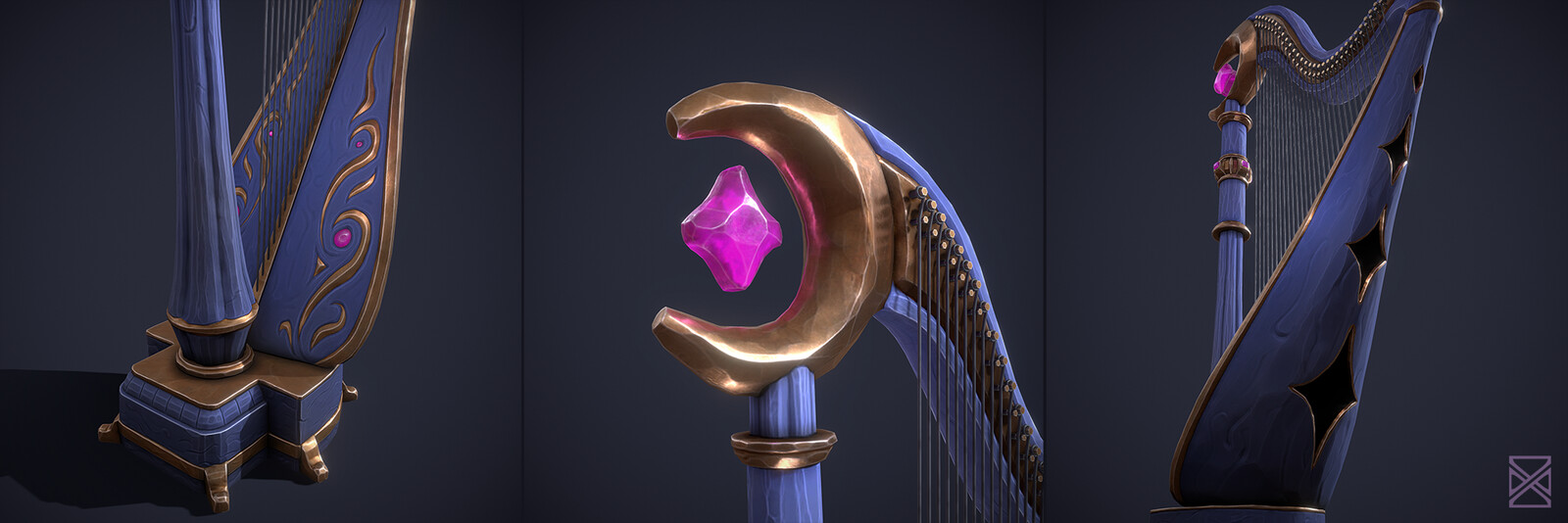 Close-up shots showcasing the harp’s prominent features.
