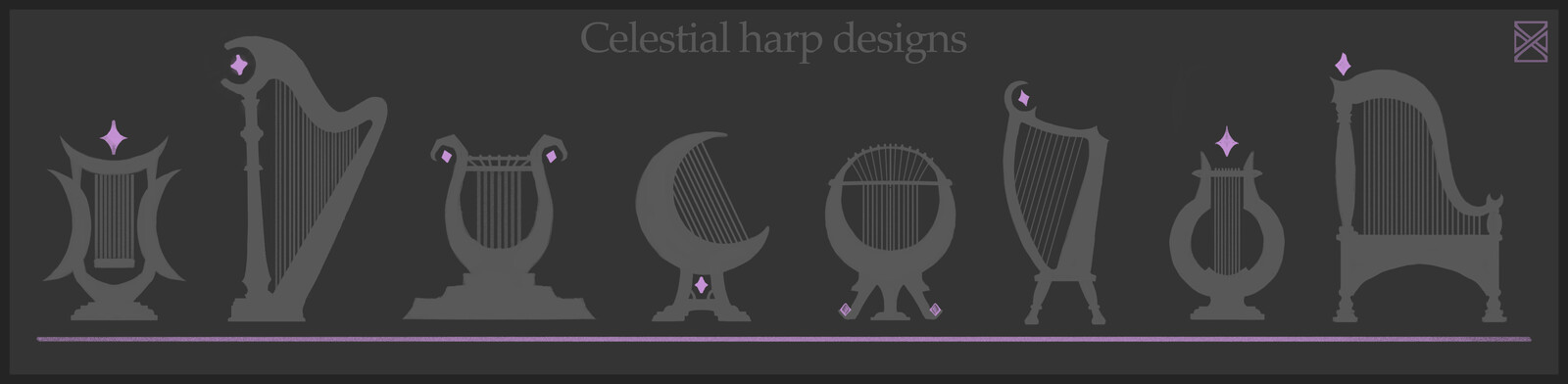 Some thumbnail sketches I did to generate ideas. I chose a more traditional shape for this model to ensure it looks like an actual harp! However, I also enjoyed experimenting with creative designs and lyre-shaped instruments.
Keywords: celestial, moon