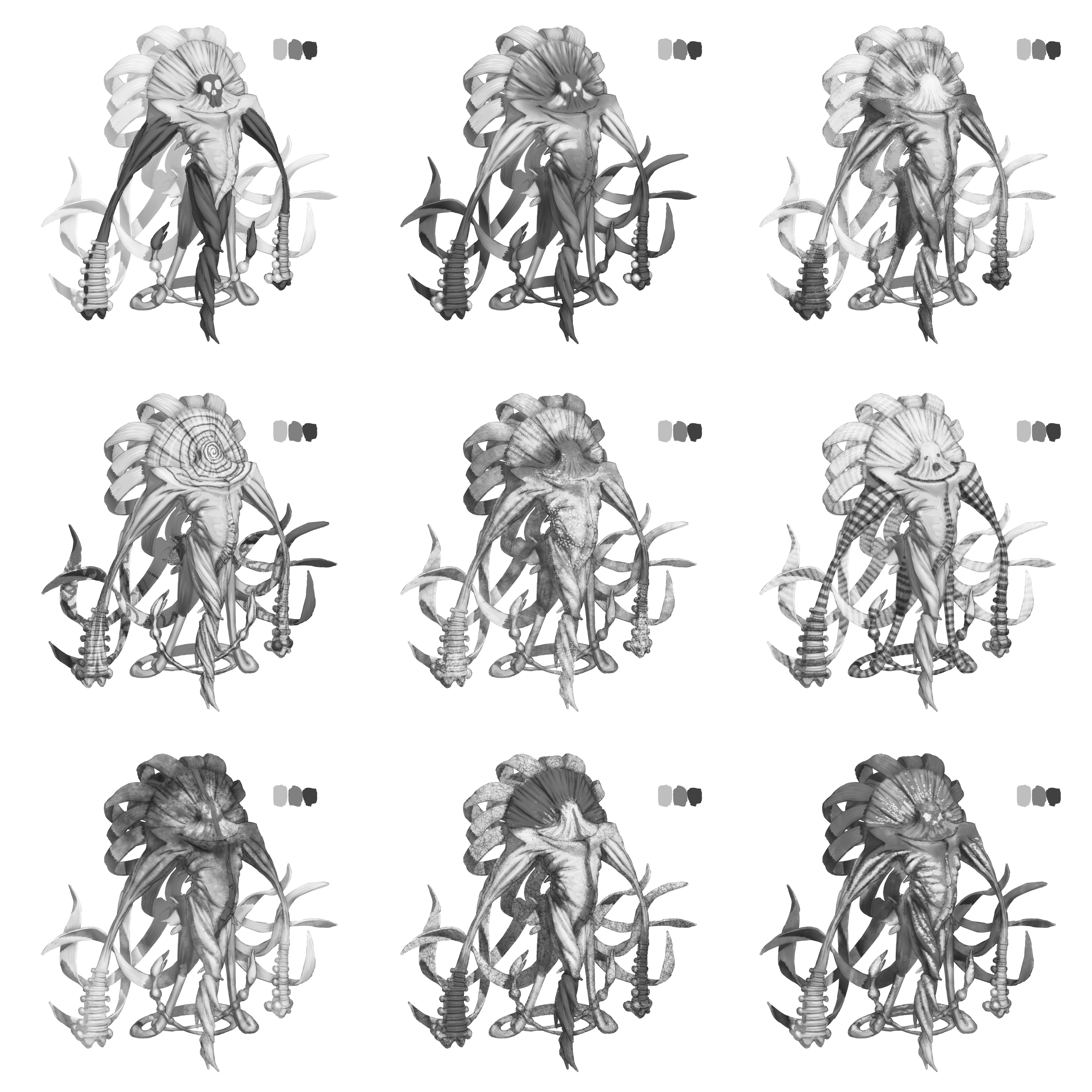 Pattern Variations
Taking the final black-and-white design to the next level with value and pattern explorations! Each variation adds a unique texture and personality to the carnivorous plant monster.