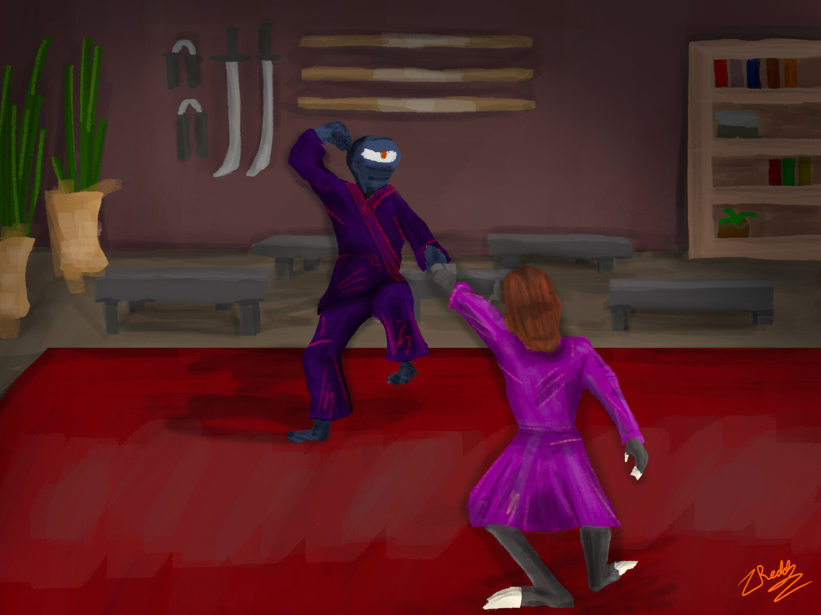 Sightmen (Dark Purple) trains his apprentice, Trex Wolferton
