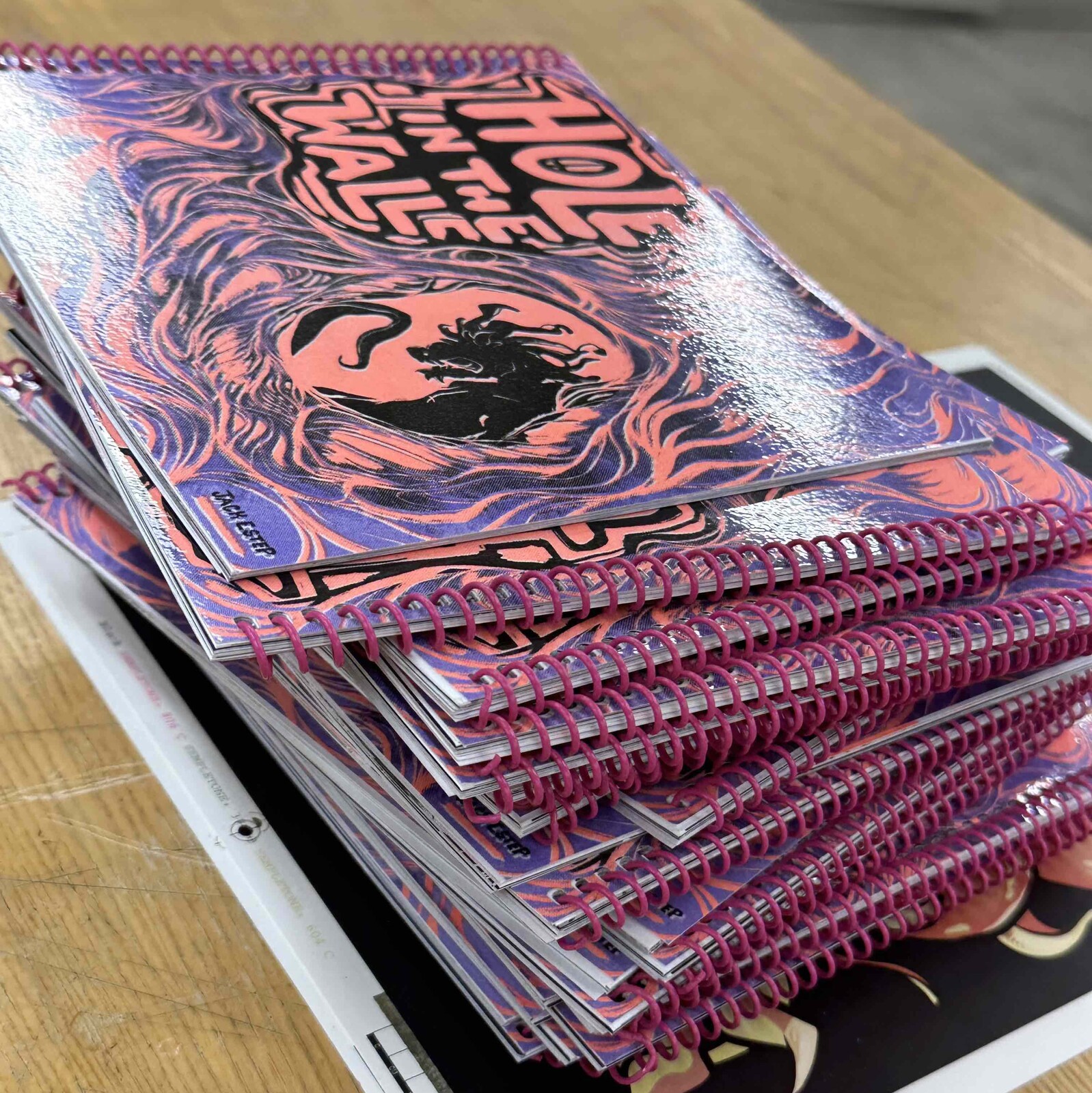 Close up of some completed booklets. In total there were 43 complete copies, all hand made. 