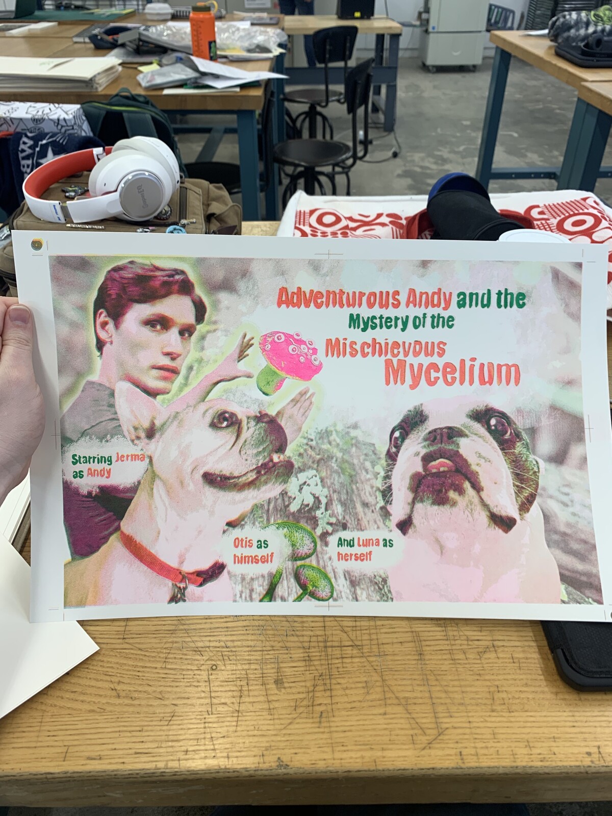 A Tabloid size print out of the front cover, as a poster. This poster is also using yellow ink instead of just the pink and green.