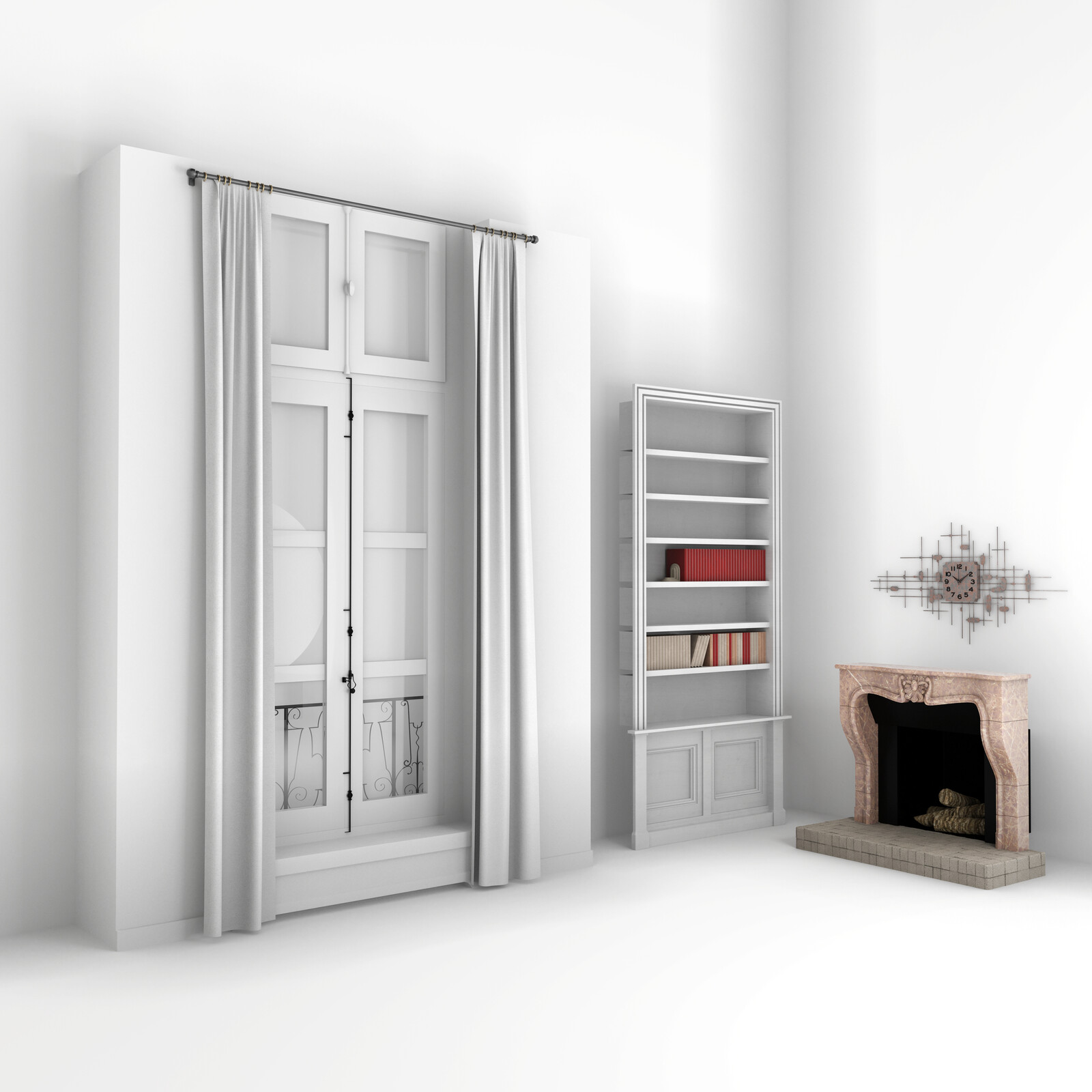 WINDOWS BOOKSHELF AND FIREPLACE