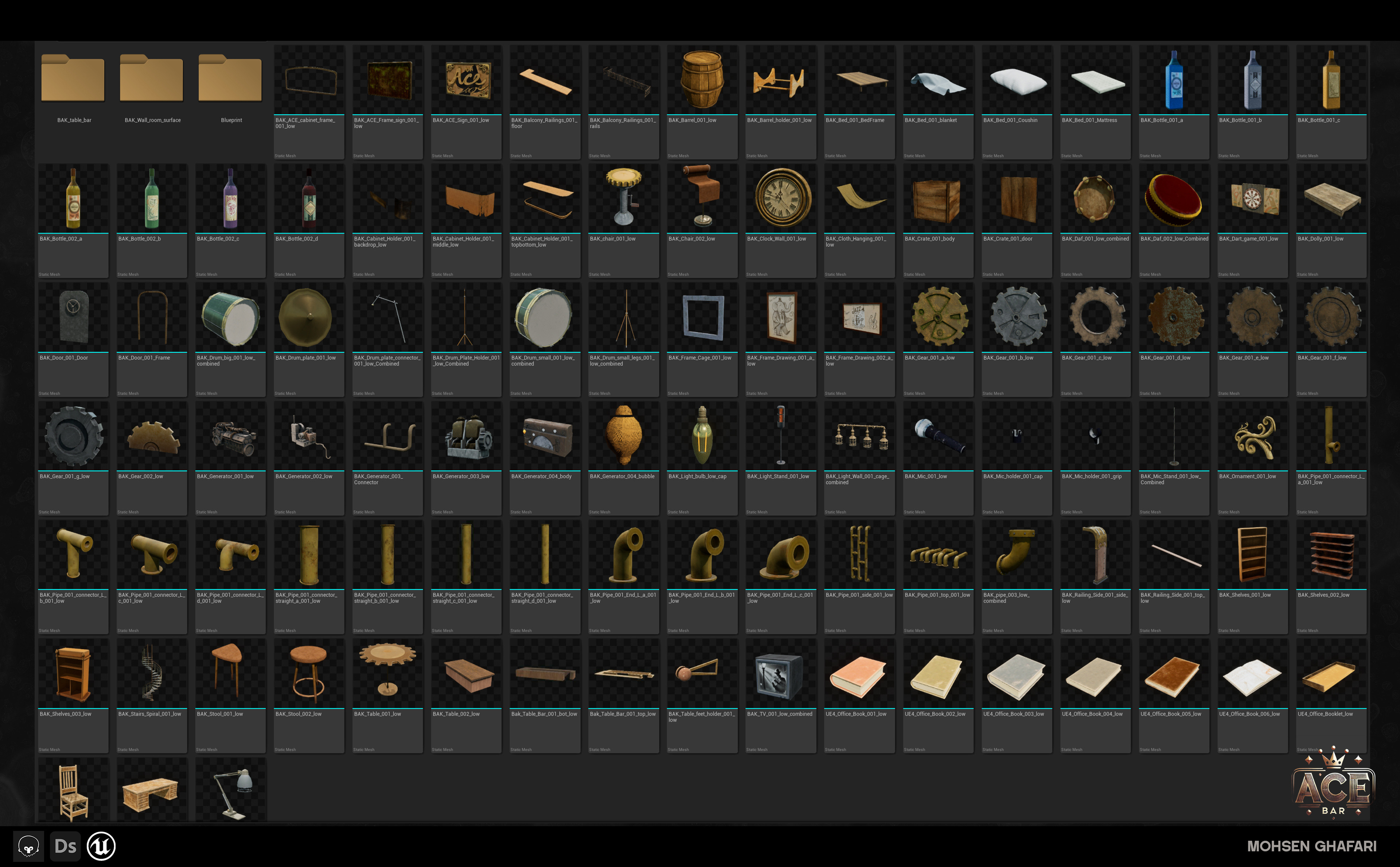 in addition, I made all the props separately and imported them in UE so I can use them in a modular fashion and I was very careful on naming convention and directory so I can find the props and material when I needed to.