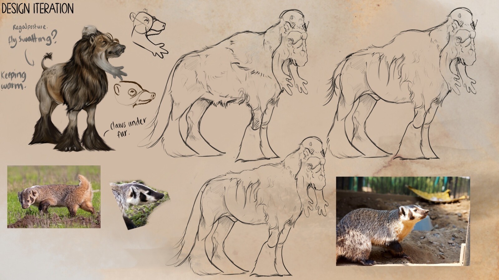 Iterative designs based upon the Cenzoic Era Centaur. Looking at badgers face shapes and their snuffly noses - this was to try to break away from faces being too equine.