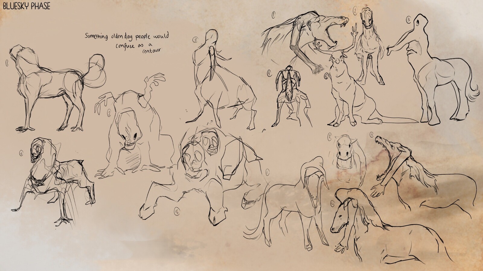 The beginning of the idea process. Doing as many drawings as possible to try to find good paths and avenues to explore - trying to stay away from the typical depiction of a Centaurs. I looked towards a few avenues of horror and cryptic type creatures.