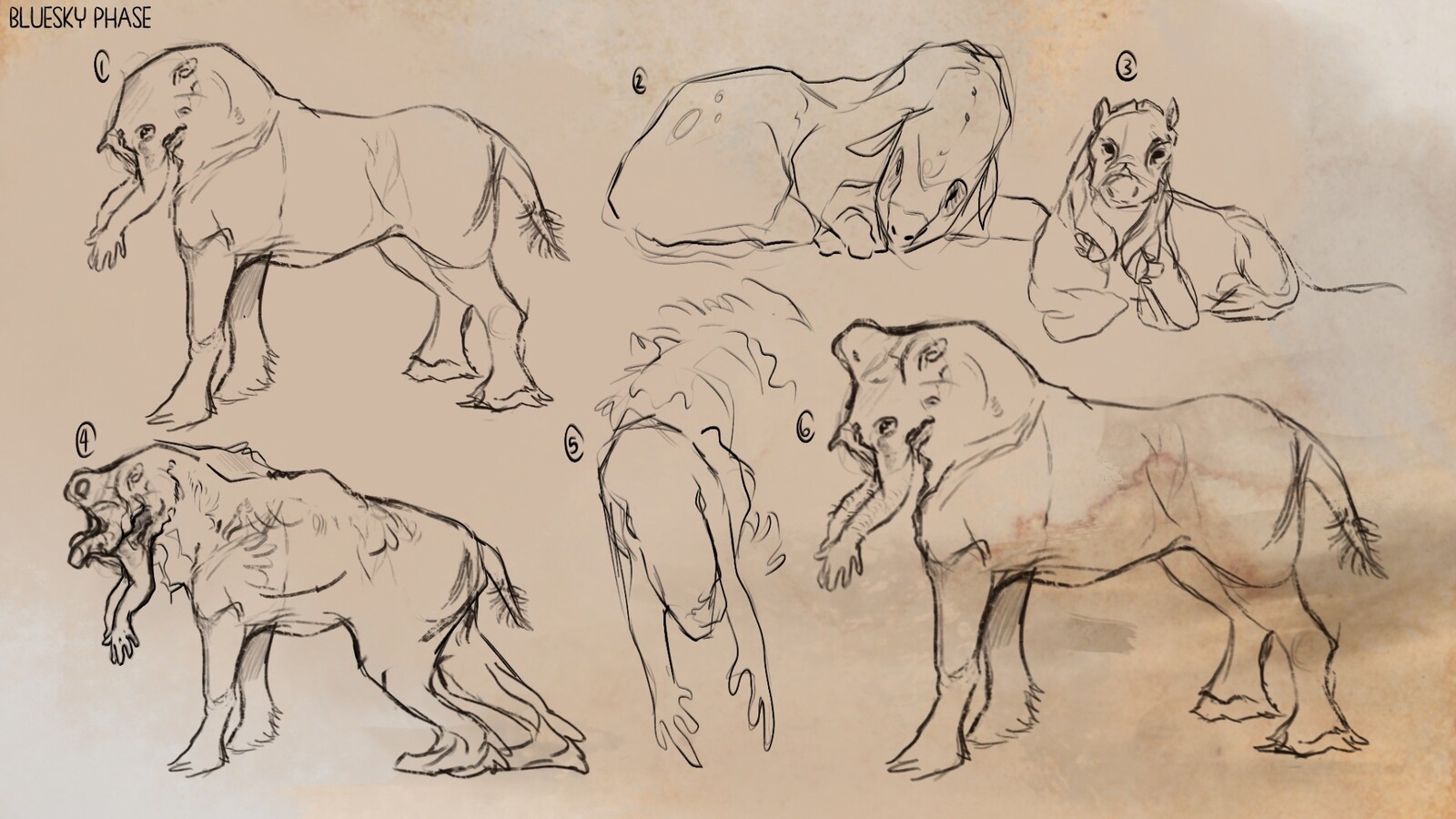 Here I looked towards a sort of aposable fingered trunked animal. A large blubbery equine built for cold weathered plains. This page also started to veer into parasitic avenues