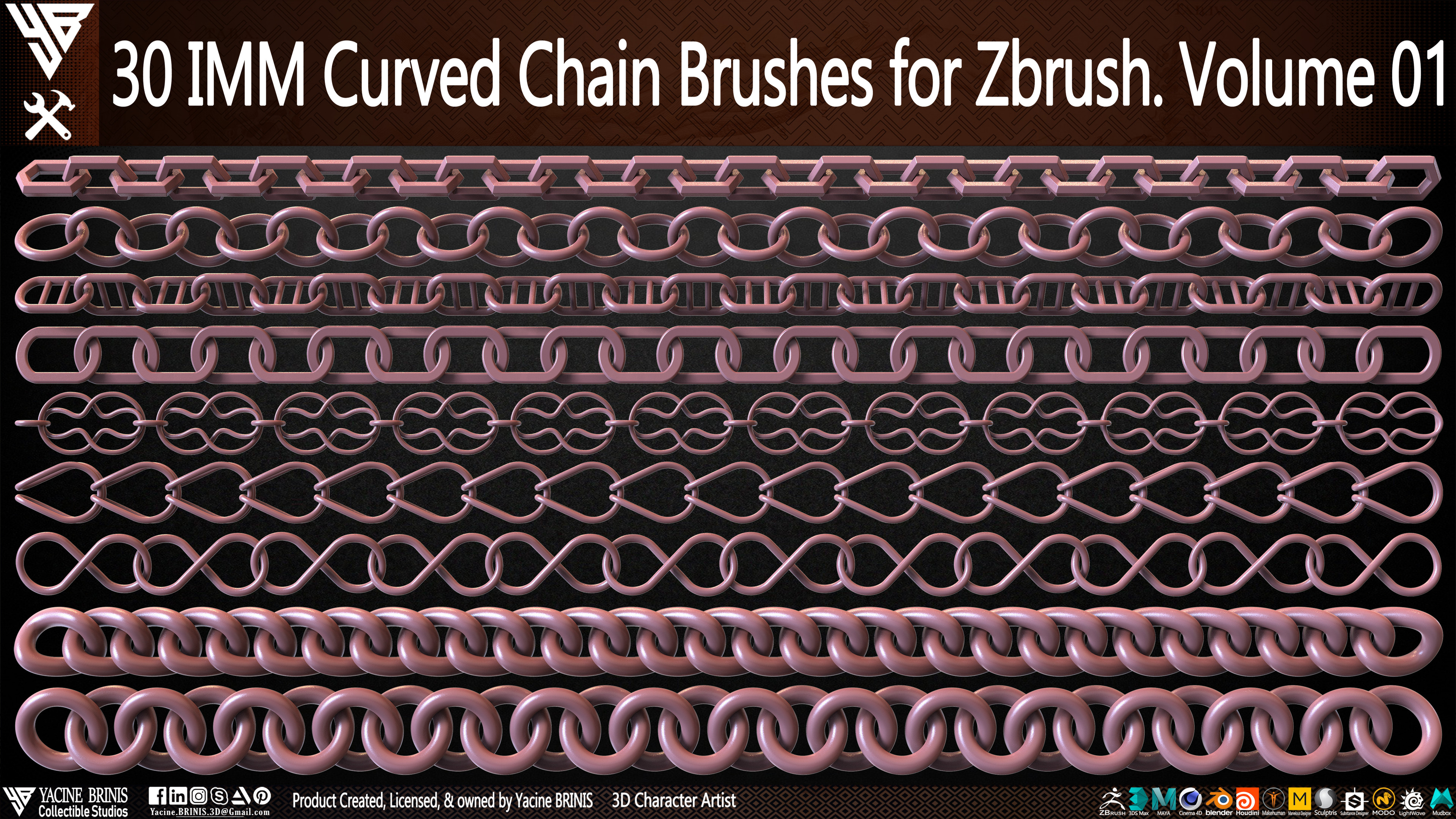30 IMM Curved Chain Brushes for ZBrush Sculpted by Yacine BRINIS Set 007