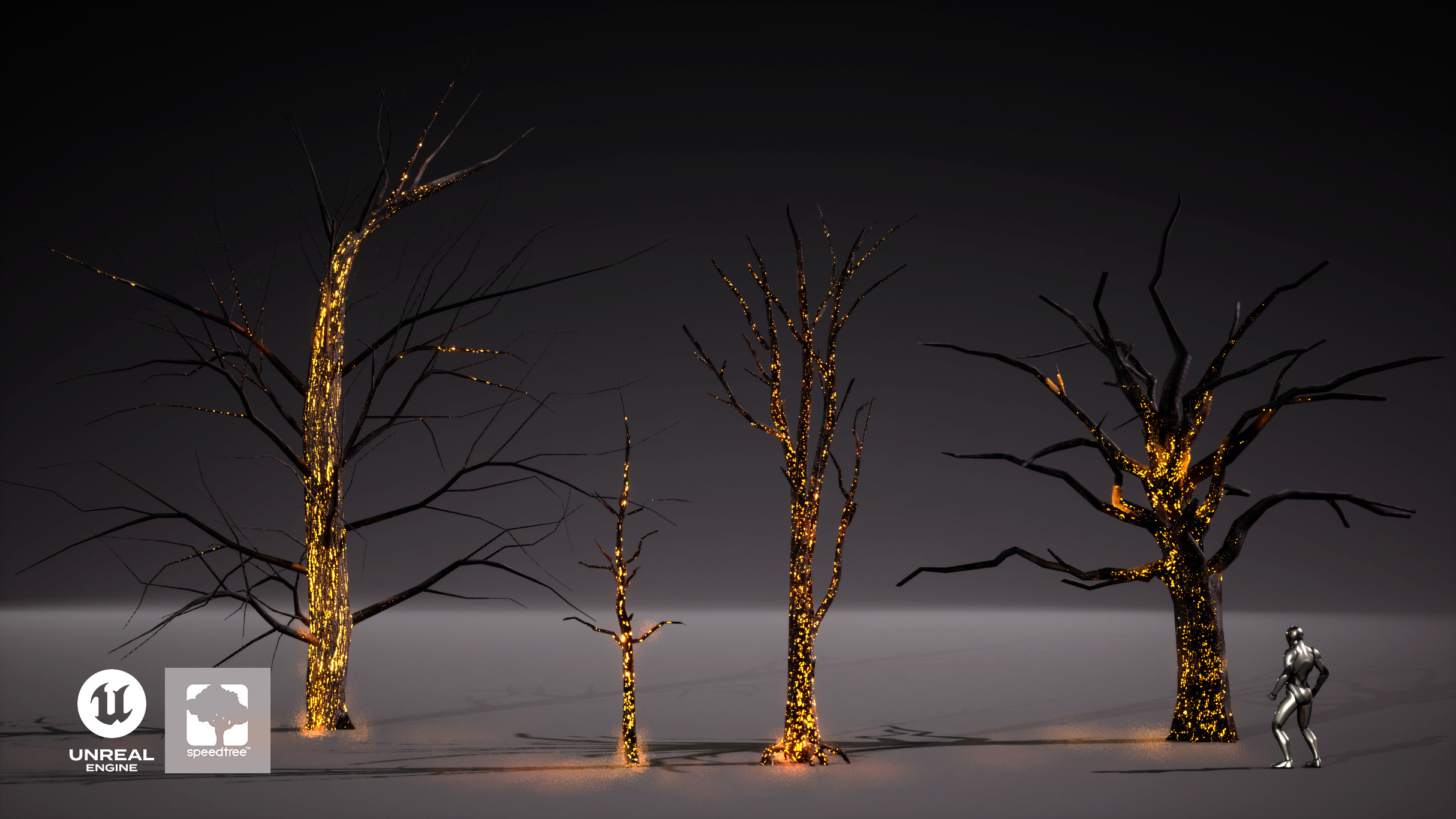 Tree Zoo. 
Tree Trunks from SpeedTree. 
Custom Burning Shader made in Unreal.