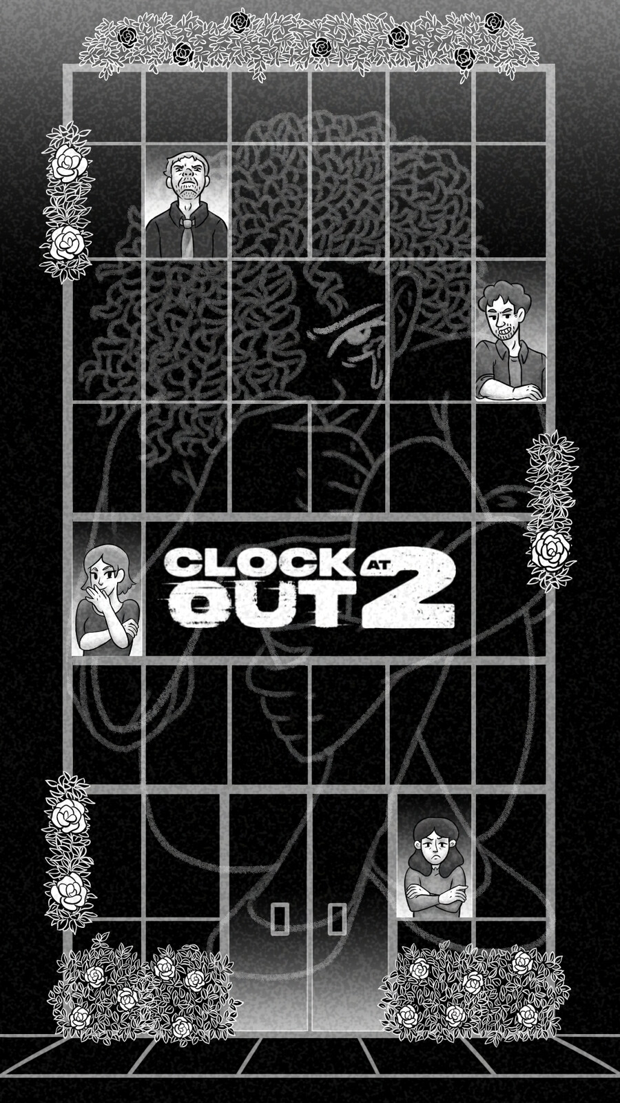 Key Art poster for submission to the Tokyo Indie Game Summit event. The feeling of being trapped reminded me of prison imagery. So I made the office building look like a prison door, and the misleading flowers look like hinges and bolts. 