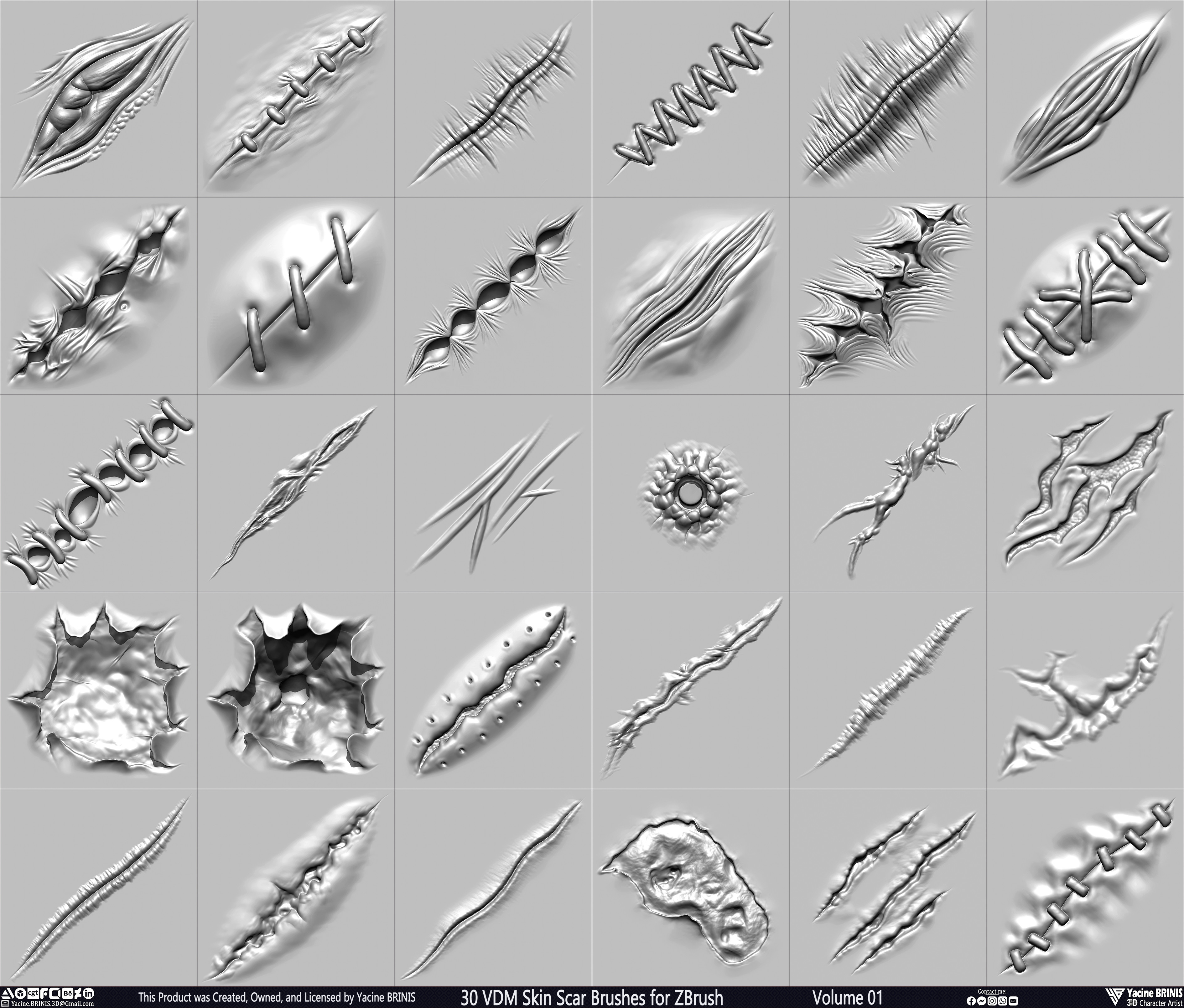 VDM Skin Scar Brushes for ZBrush Sculpted by Yacine BRINIS Set 001