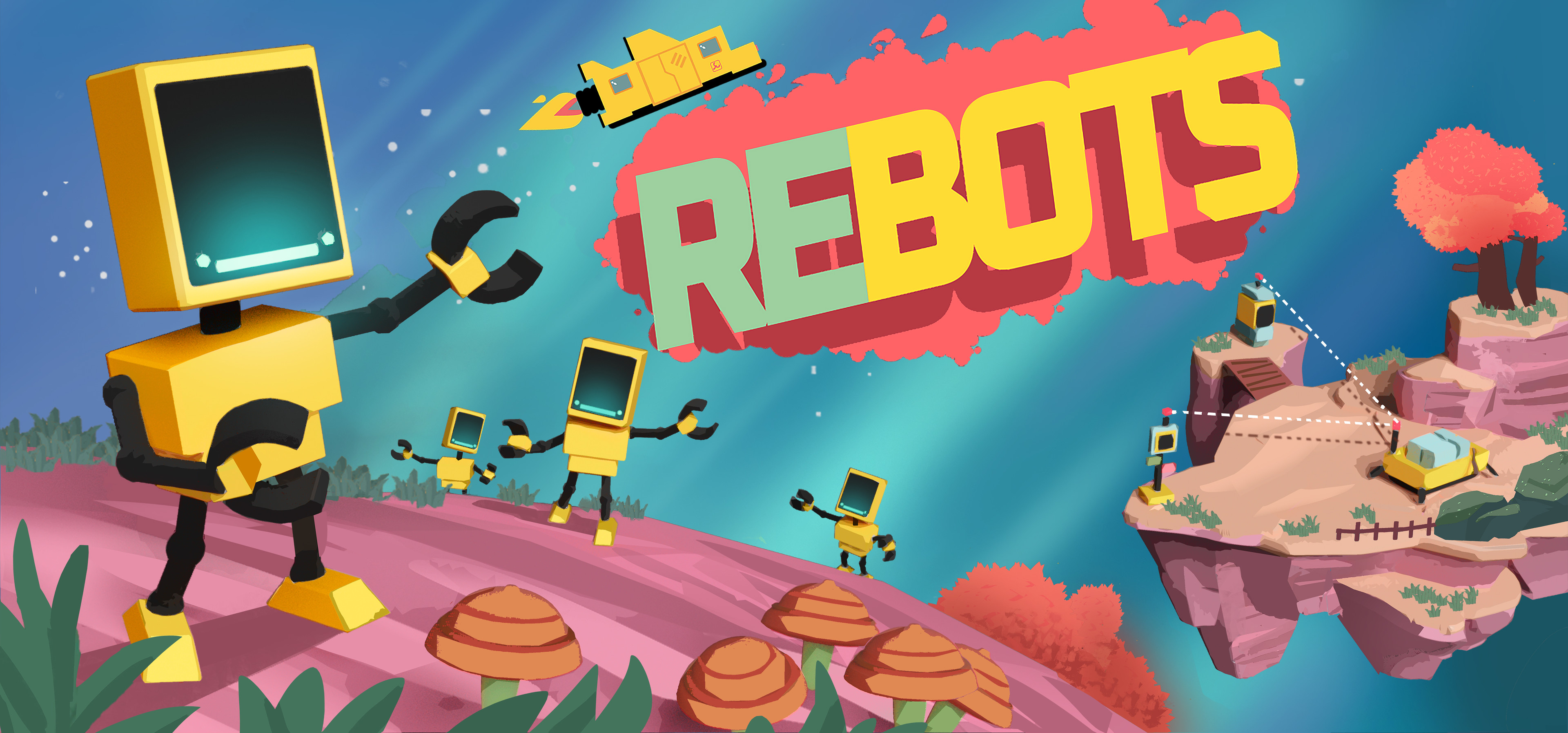 Key art for Rebots, a strategic automation game starring funny lil robots.