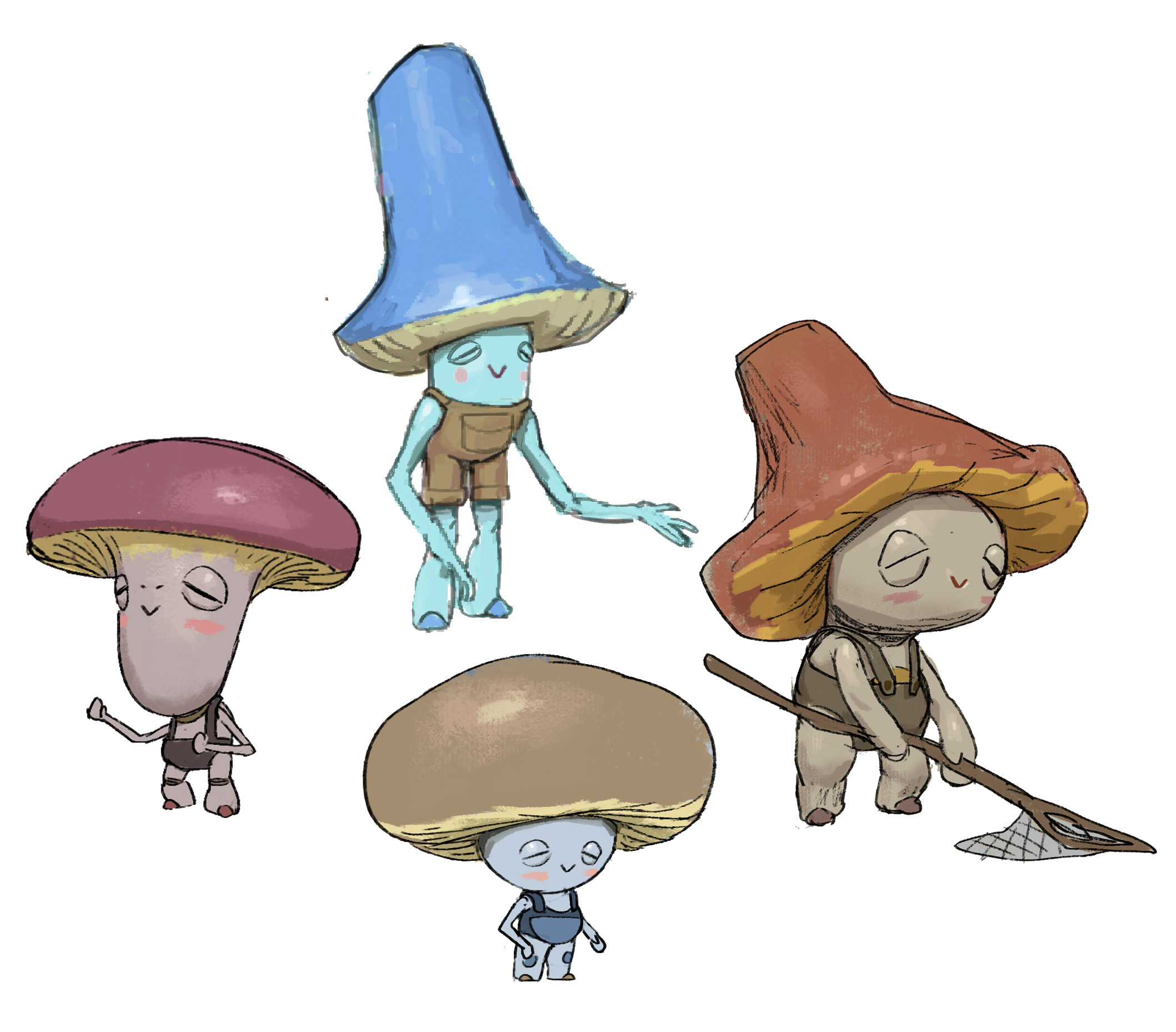 Shroom Haven Characters II. Some quick sketches testing out simpler and cozier character designs that are less reliant on humanoid proportions.