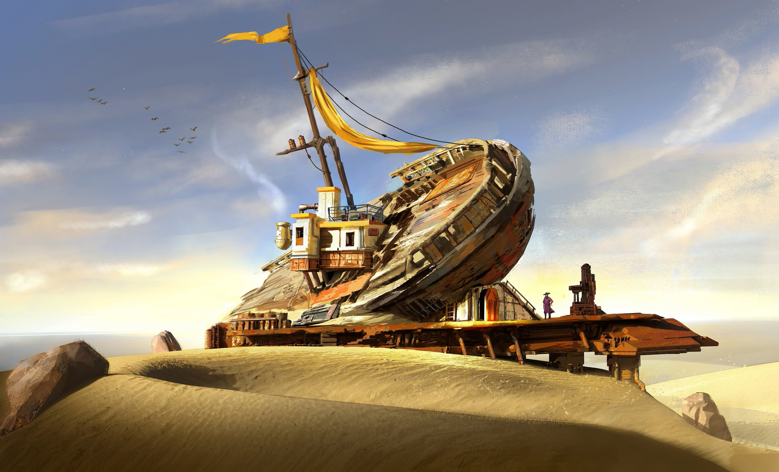 An old-world ship, dumped on this dune when the waters rose. A family of salt-scavengers have turned it into a home. Waste not, want not.