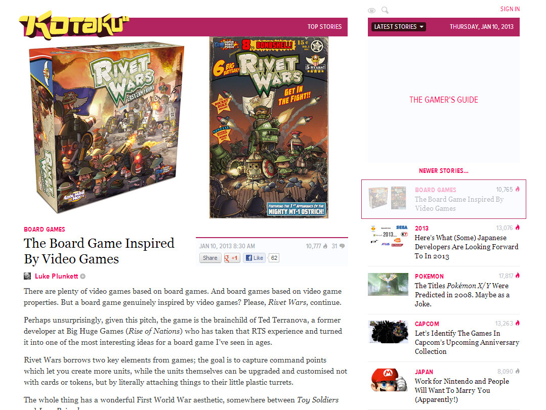 It was exciting to have Kotaku do a write up on my board game.