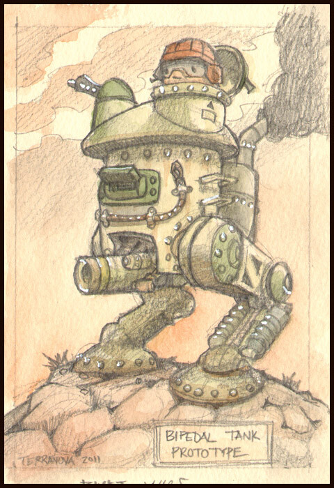 Watercolor of an early Allied Ostrich mech.