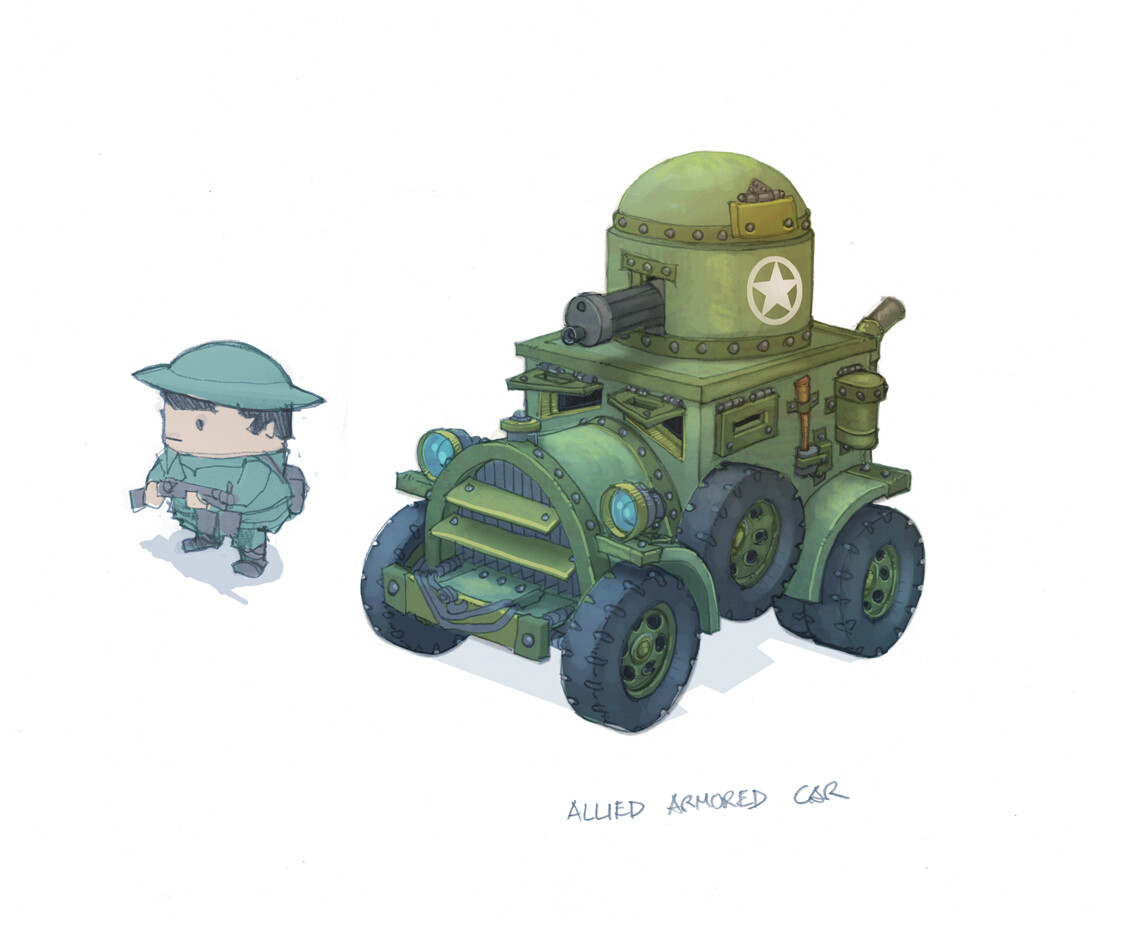 An armored car sketch with a Rivet for scale. Digital painting.