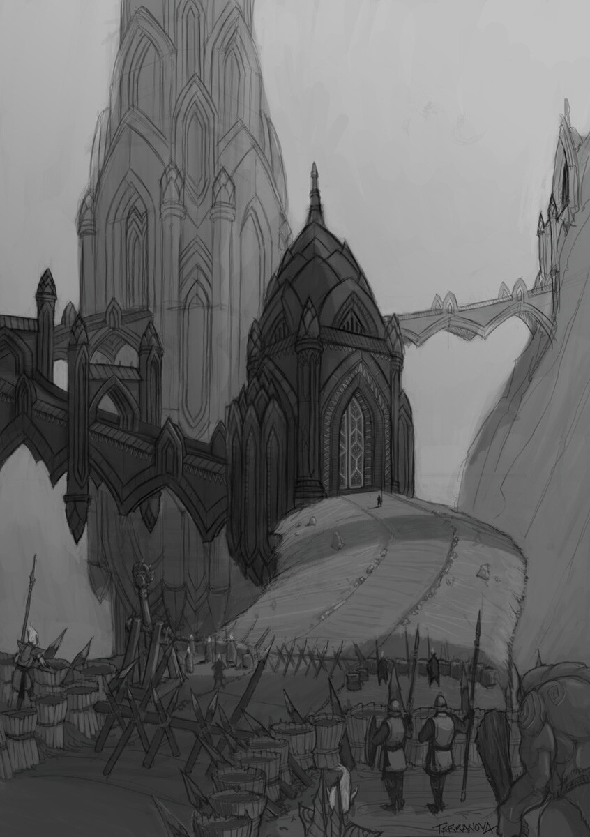 I did this sketch to help flesh out the entrance to the besieged Elven city.