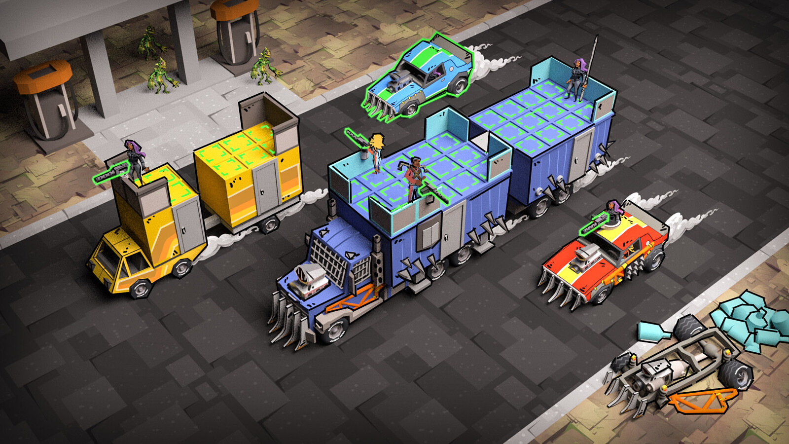 This image shows a convoy of vehicles packed up and on the move.
