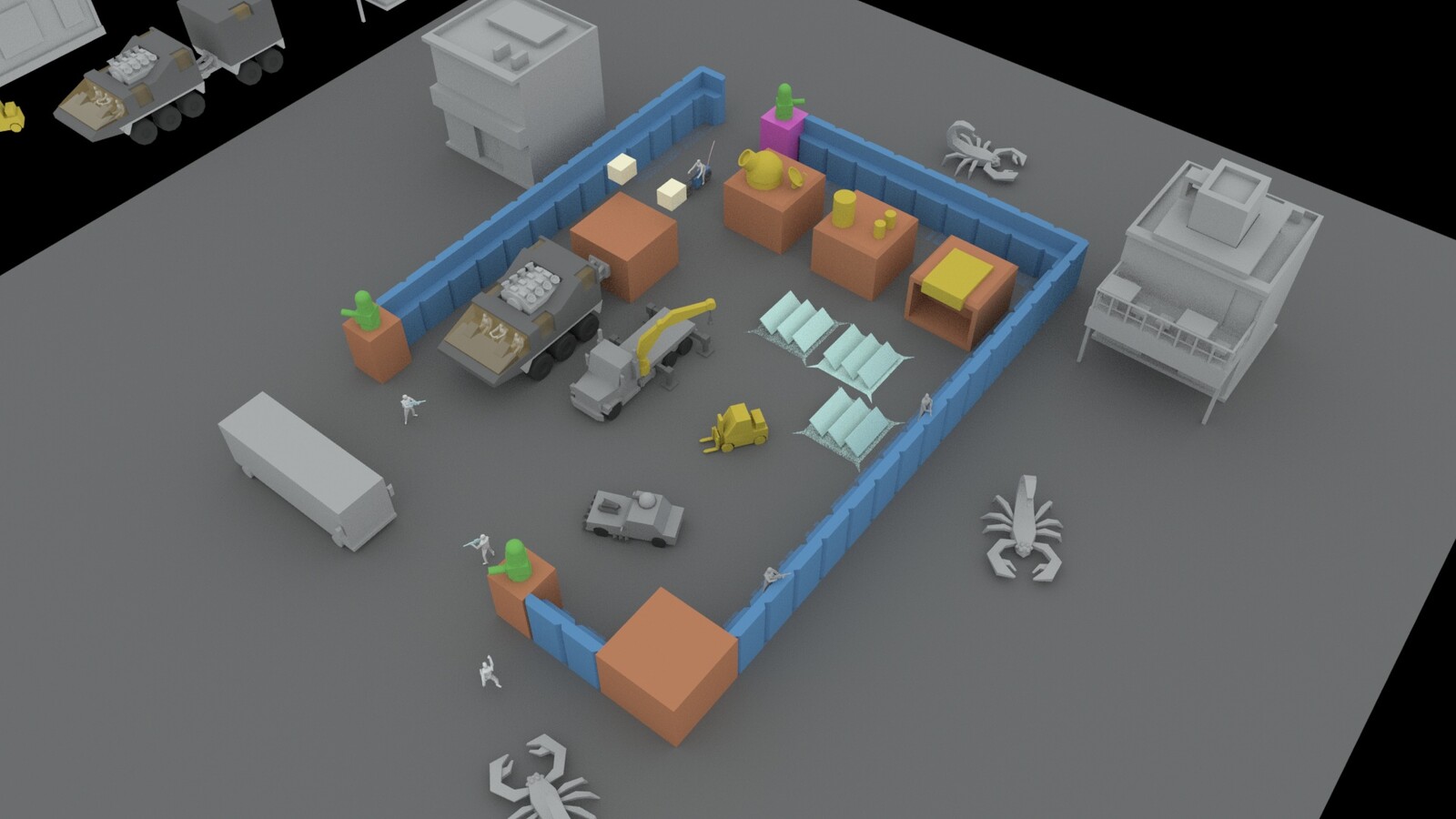 This is a mockup playing with the idea of modular walls to defend the vehicles and drivers.
