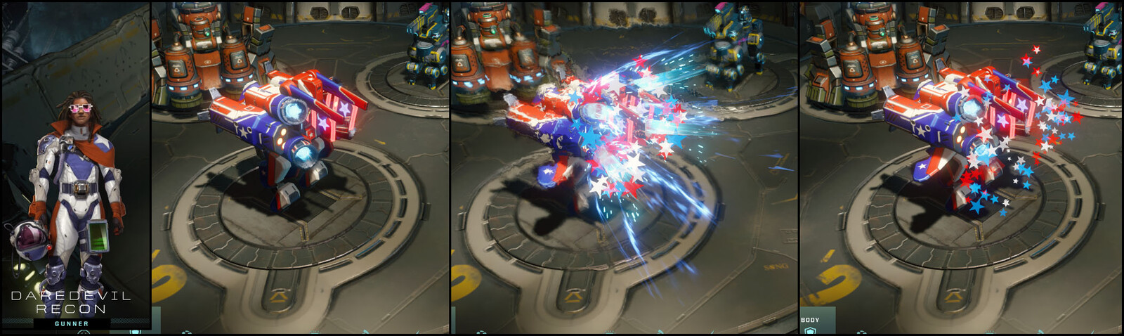 A mech skin accompanied by matching mech armor. The design concepts and 3D artwork for this, along with many other visual enhancements, were outsourced.
