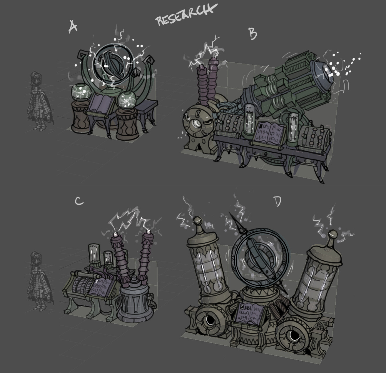 I drew these concepts of the research station while thinking about size variations and how they would be powered by electrical magic.