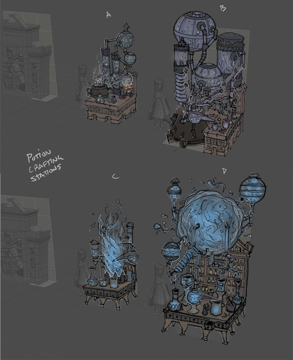 I did these concepts for the potion station where mages use water magic to mix different ingredients.
