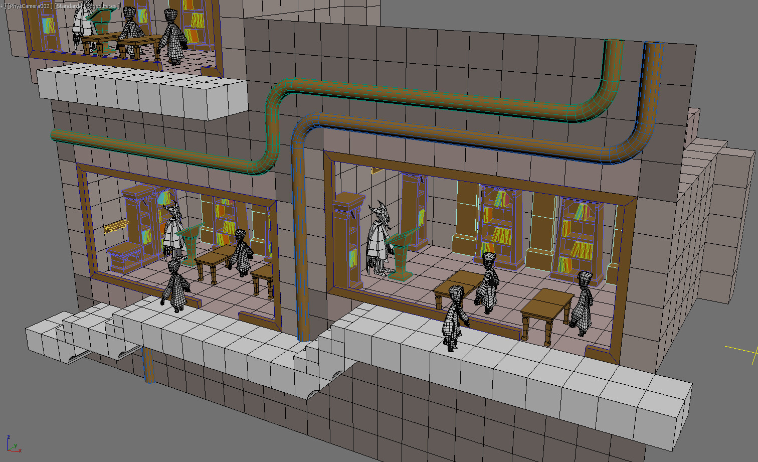 This is a 3D mockup I did in Max to help us define hallways vs schoolrooms while also allowing room for pipes and other bits that might go in the walls.