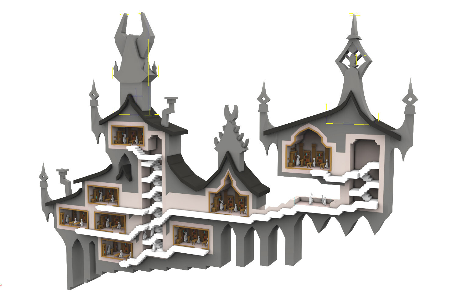This is an early 3D mockup of a school trying to establish interesting silhouettes with a functional interior.