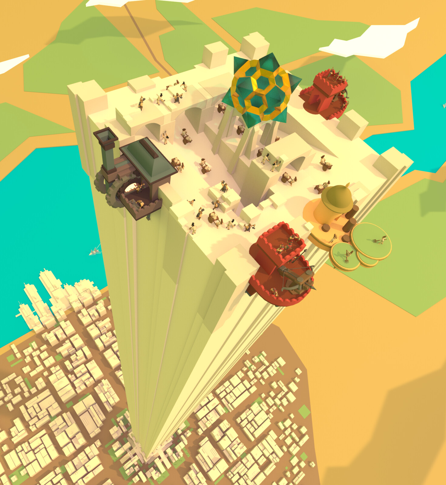 Here I wanted to demonstrate that different buildings would be attached to the tower to defend it, construct it, feed it, and power it. RTS like.